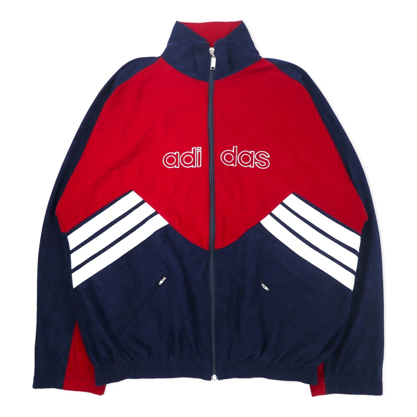 adidas 90年代 ベロア トラックジャケット ジャージ XL ネイビー レッド ポリエステル トレフォイルロゴ 銀タグ