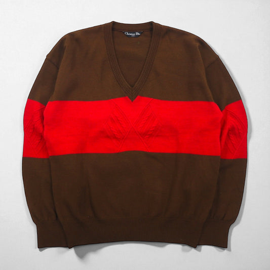 Christian Dior 90年代 Vネック ニット プレッピー セーター M ブラウン SPORTS 日本製