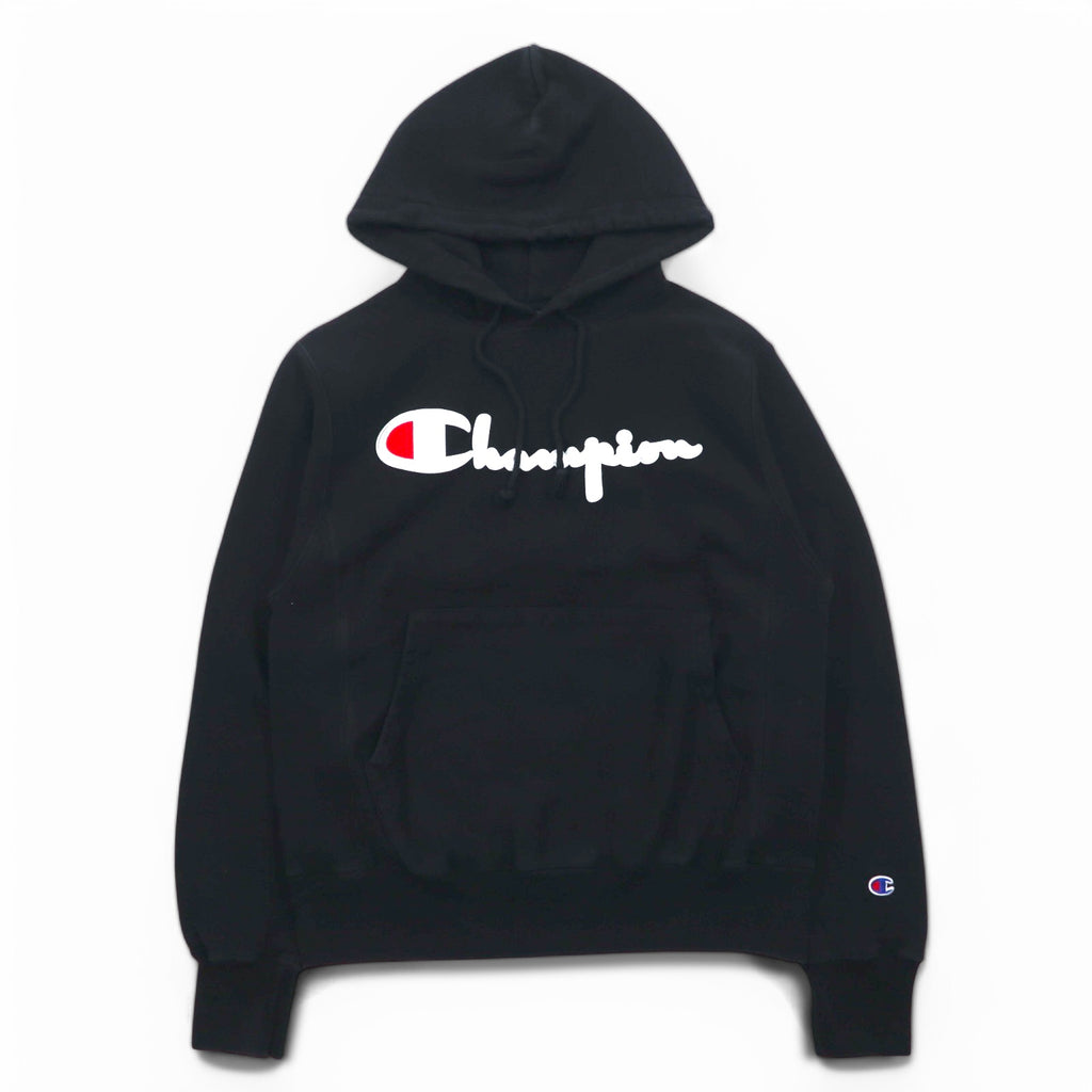 Champion Reverse Weave Pullover Hoodie L Black Script Logo Blue Single Tag Reprint Made in Honduras
