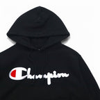 Champion Reverse Weave Pullover Hoodie L Black Script Logo Blue Single Tag Reprint Made in Honduras
