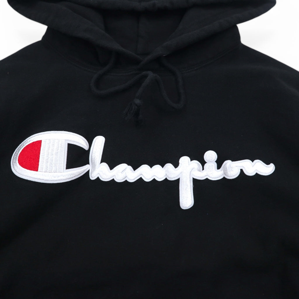 Champion Reverse Weave Pullover Hoodie L Black Script Logo Blue Single Tag Reprint Made in Honduras