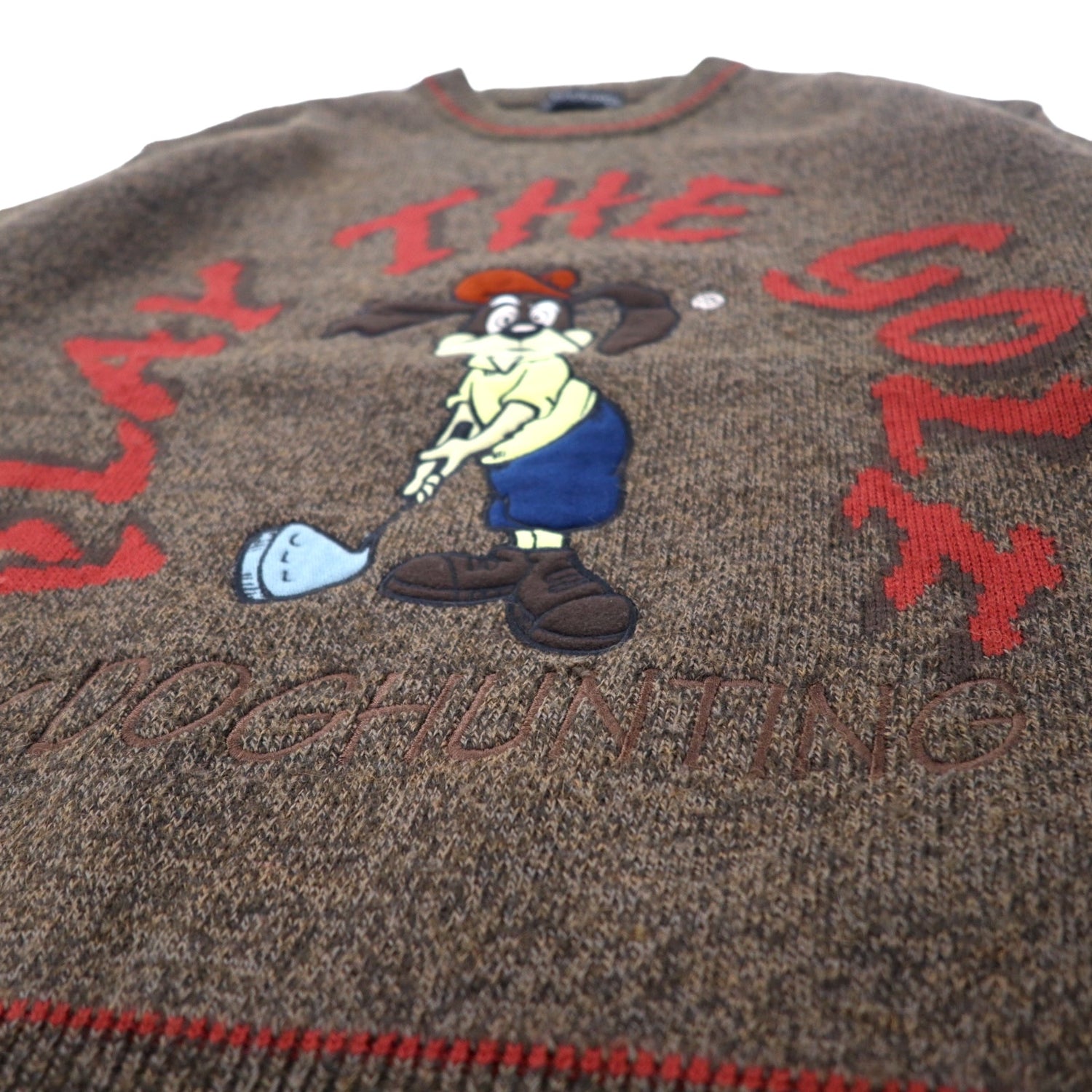 DOG HUNTING 90's Knit Sweater M Brown Dog Character Embroidery