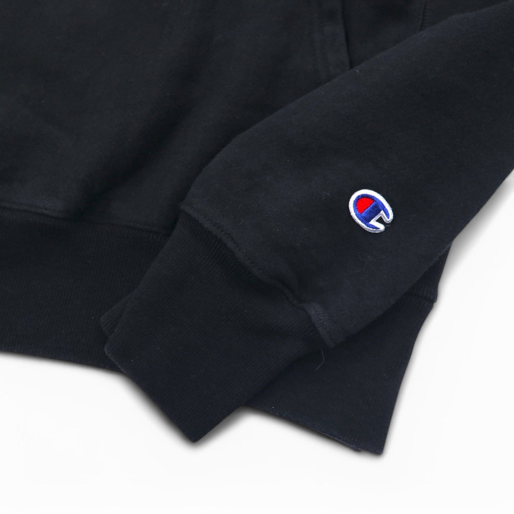 Champion Reverse Weave Pullover Hoodie L Black Script Logo Blue Single Tag Reprint Made in Honduras