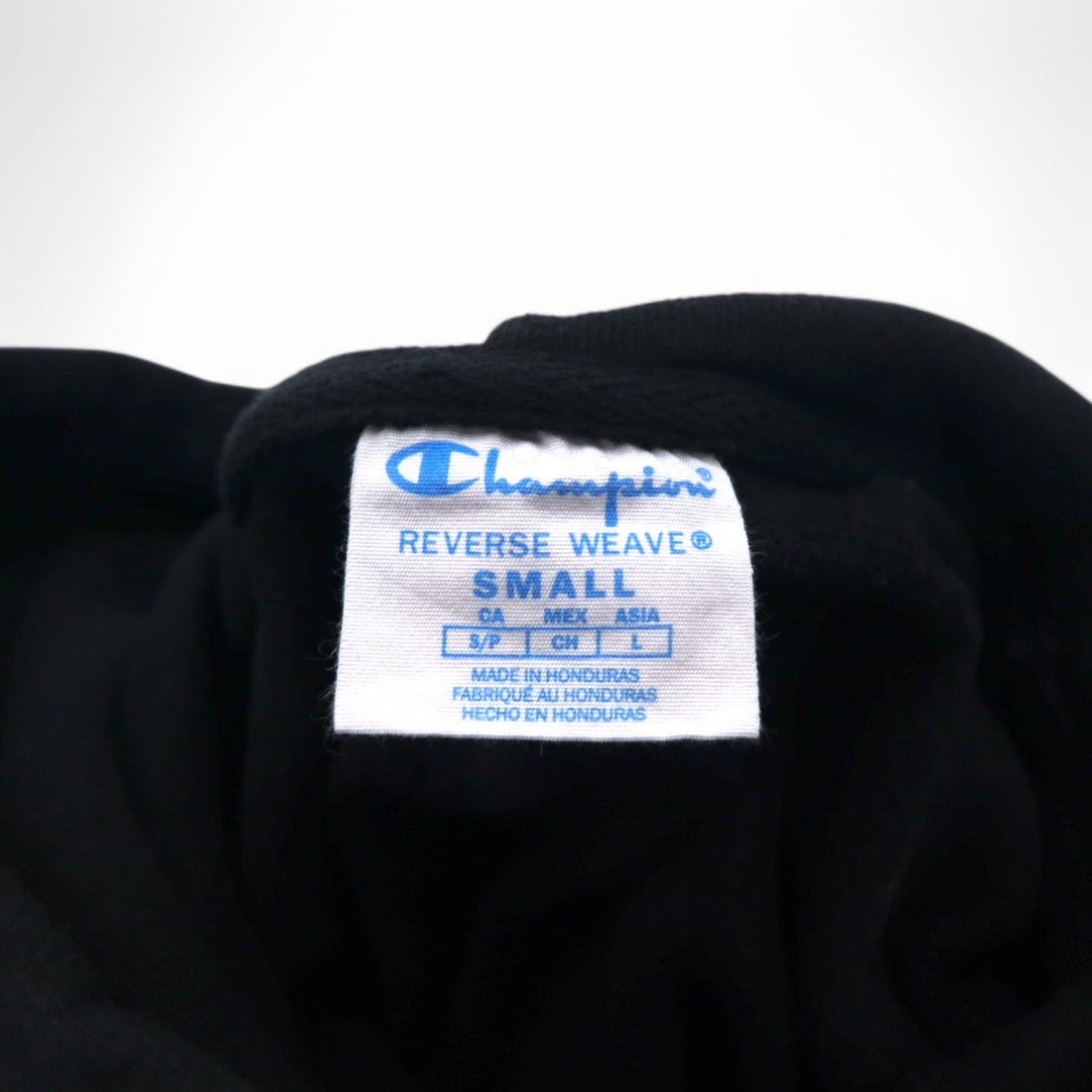 Champion Reverse Weave Pullover Hoodie L Black Script Logo Blue Single Tag Reprint Made in Honduras