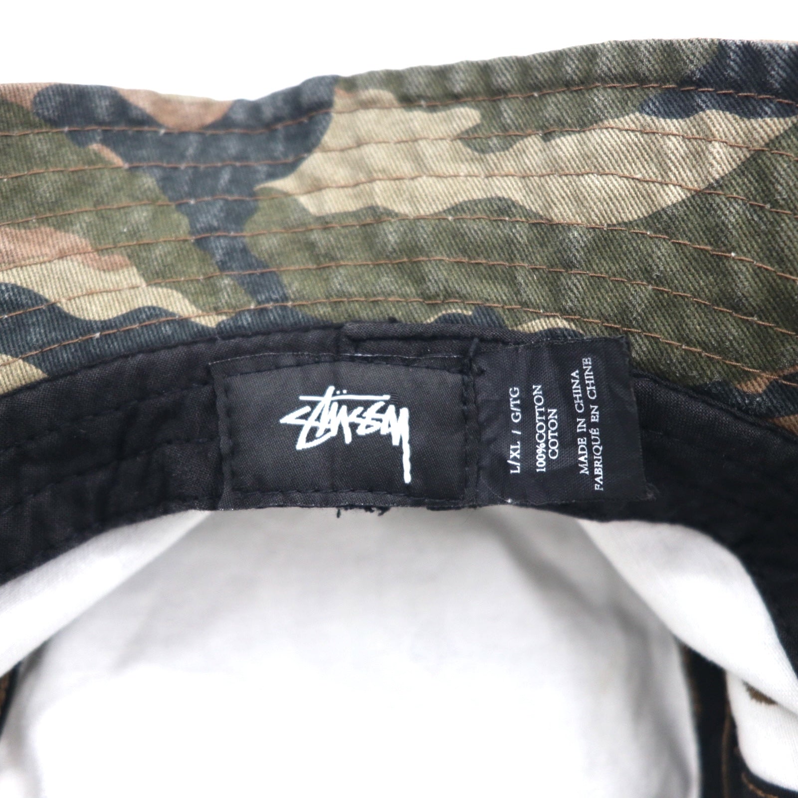 stussy カモフラ バケットハット L/XL カーキ コットン 刺繍