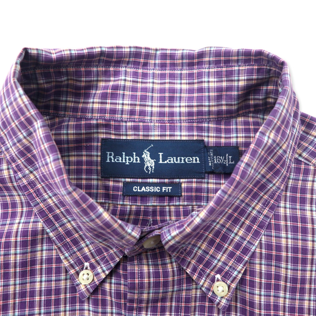 RALPH LAUREN Button Down Shirt L Purple Check Cotton CUSTOM FIT Small Pony Embroidery