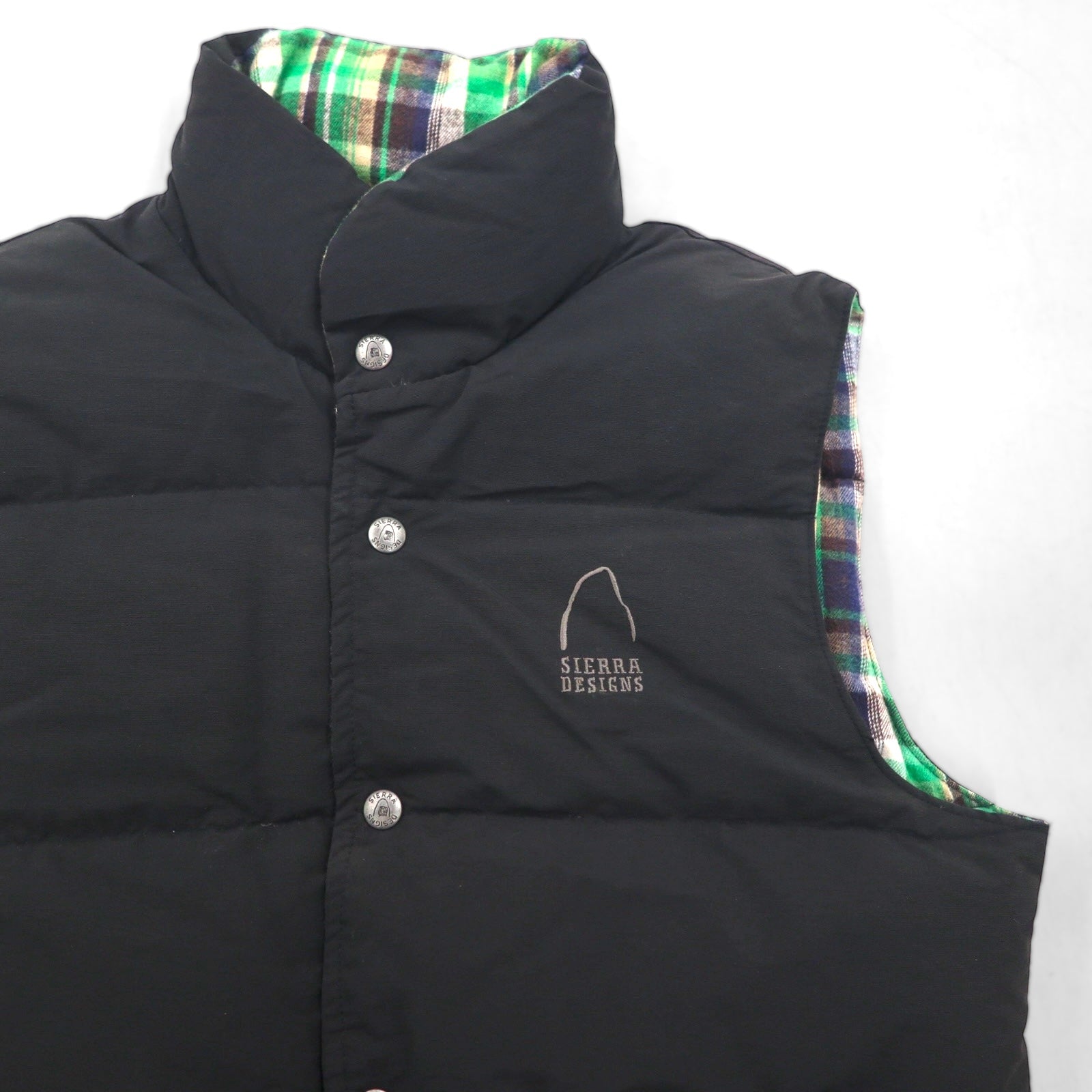 SIERRA DESIGNS 60/40 Cloth Reversible Down Vest, Size Small, Black and Green Check