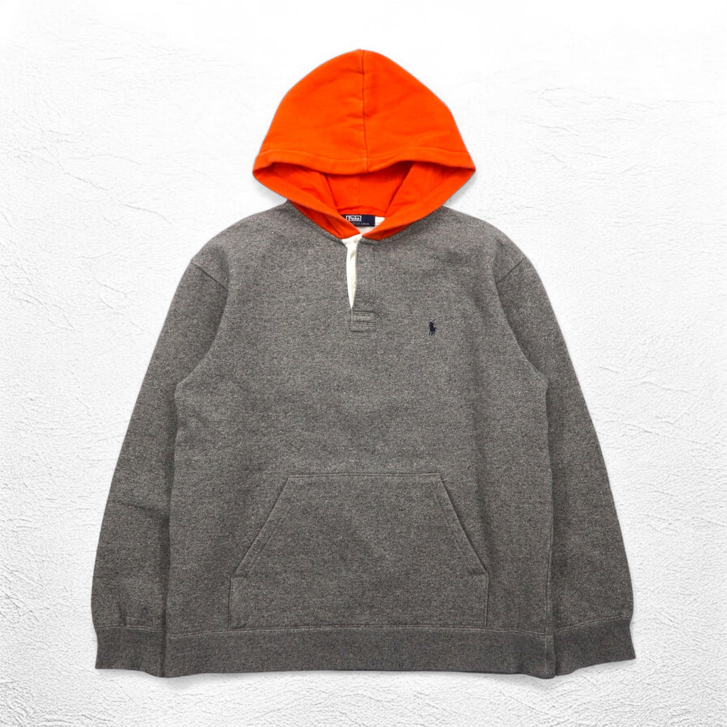 Polo by Ralph Lauren 90s Bicolor Half Button Hoodie M Gray Orange Fleece Lining Small Pony Embroidery