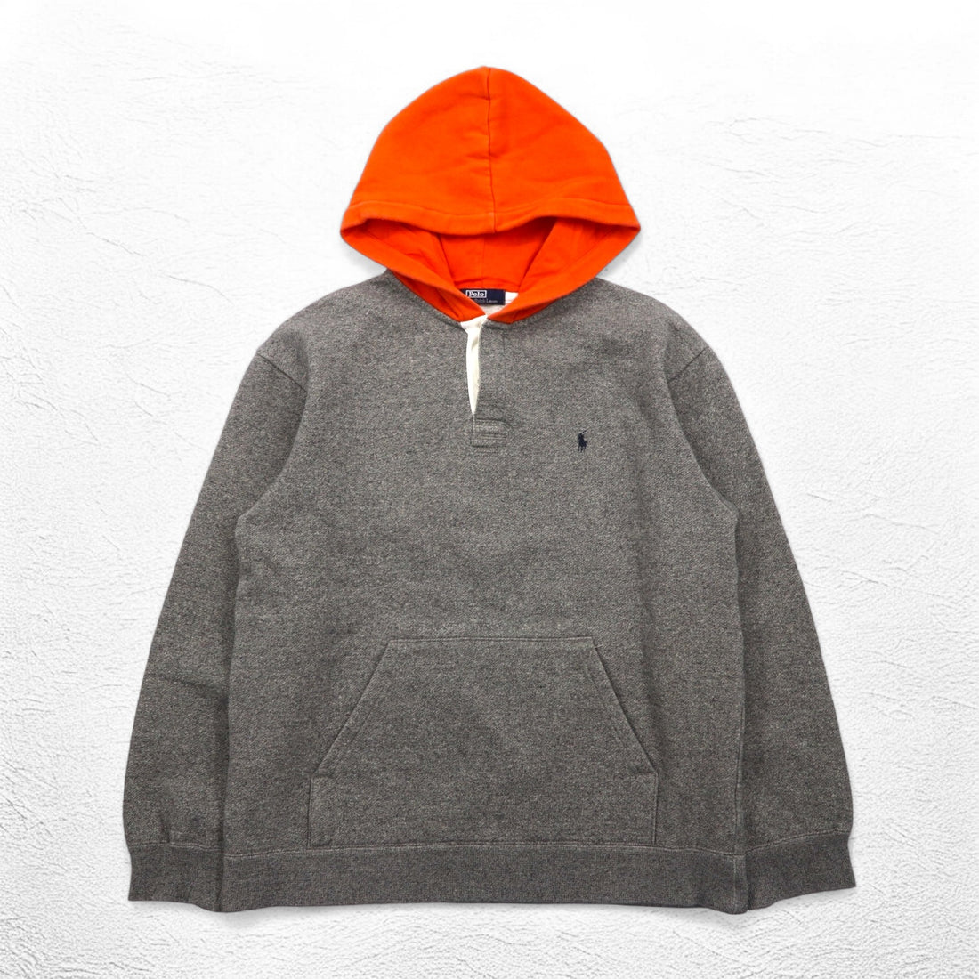 Polo by Ralph Lauren 90s Bicolor Half Button Hoodie M Gray Orange Fleece Lining Small Pony Embroidery