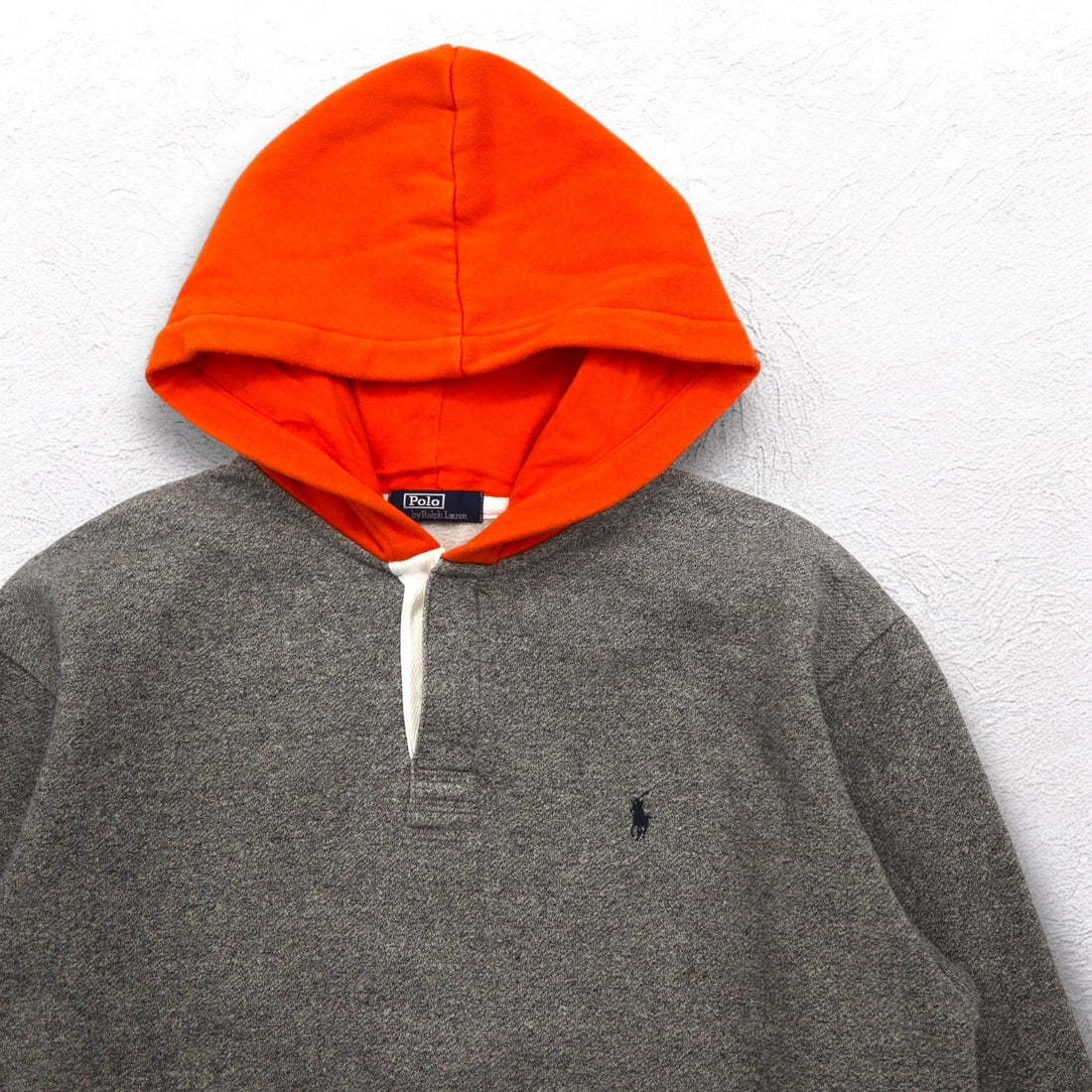 Polo by Ralph Lauren 90s Bicolor Half Button Hoodie M Gray Orange Fleece Lining Small Pony Embroidery