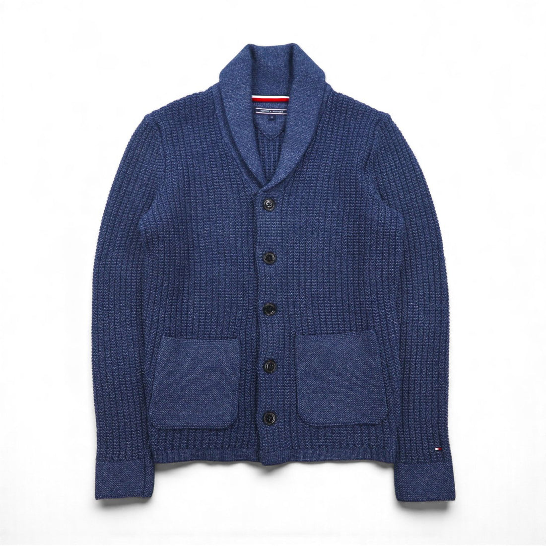 TOMMY HILFIGER ショールカラー ワッフル ニット カーディガン M ネイビー ローゲージ パッチポケット