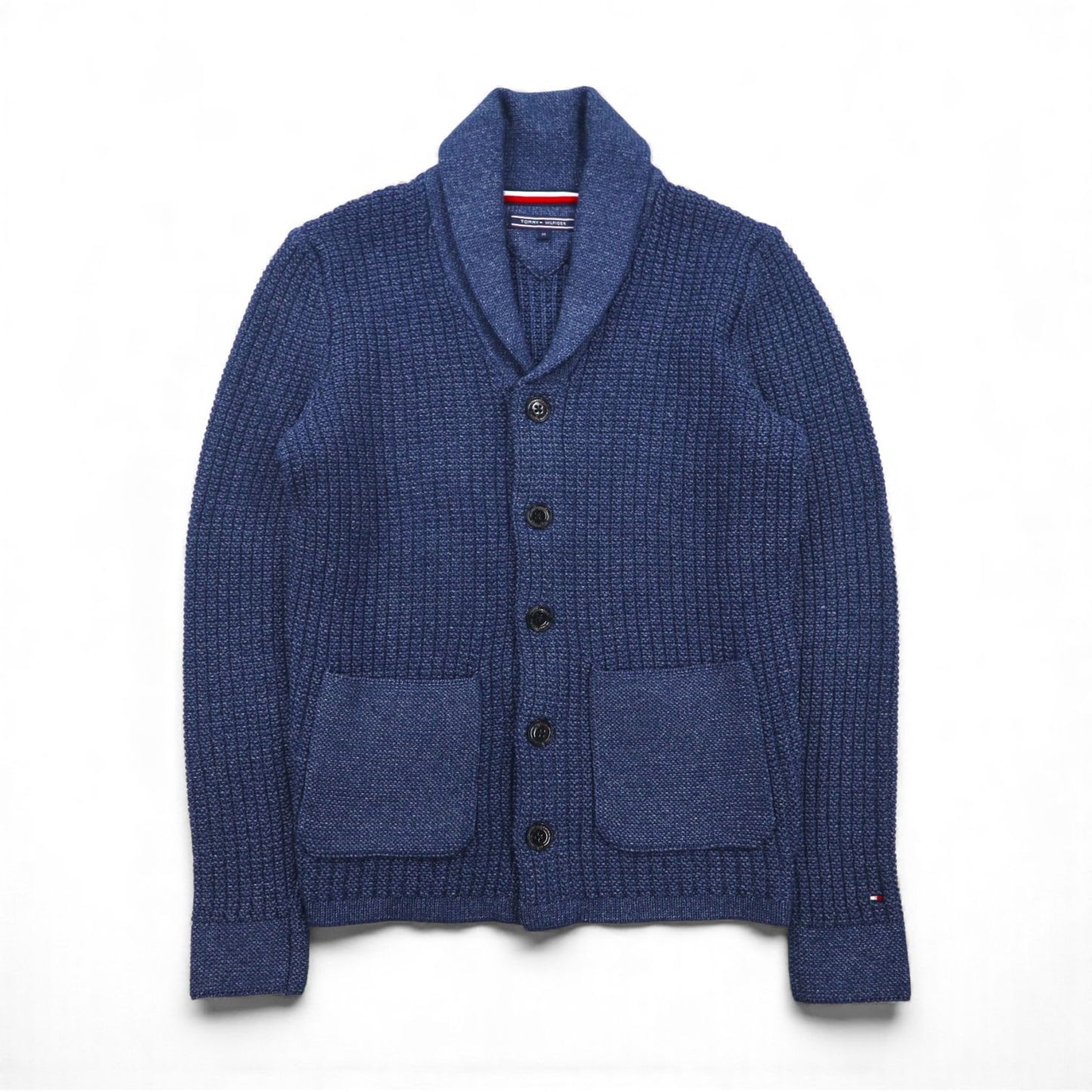 TOMMY HILFIGER Shawl Collar Waffle Knit Cardigan, Size M, Navy, Low Gauge, Patch Pockets