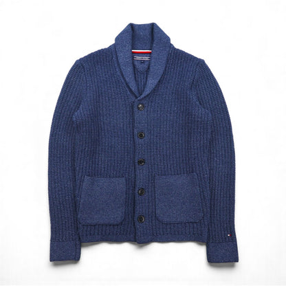 TOMMY HILFIGER Shawl Collar Waffle Knit Cardigan, Size M, Navy, Low Gauge, Patch Pockets