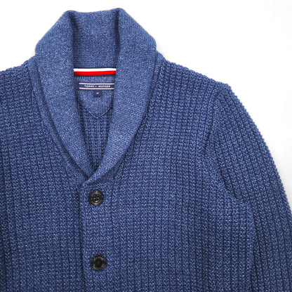 TOMMY HILFIGER Shawl Collar Waffle Knit Cardigan, Size M, Navy, Low Gauge, Patch Pockets