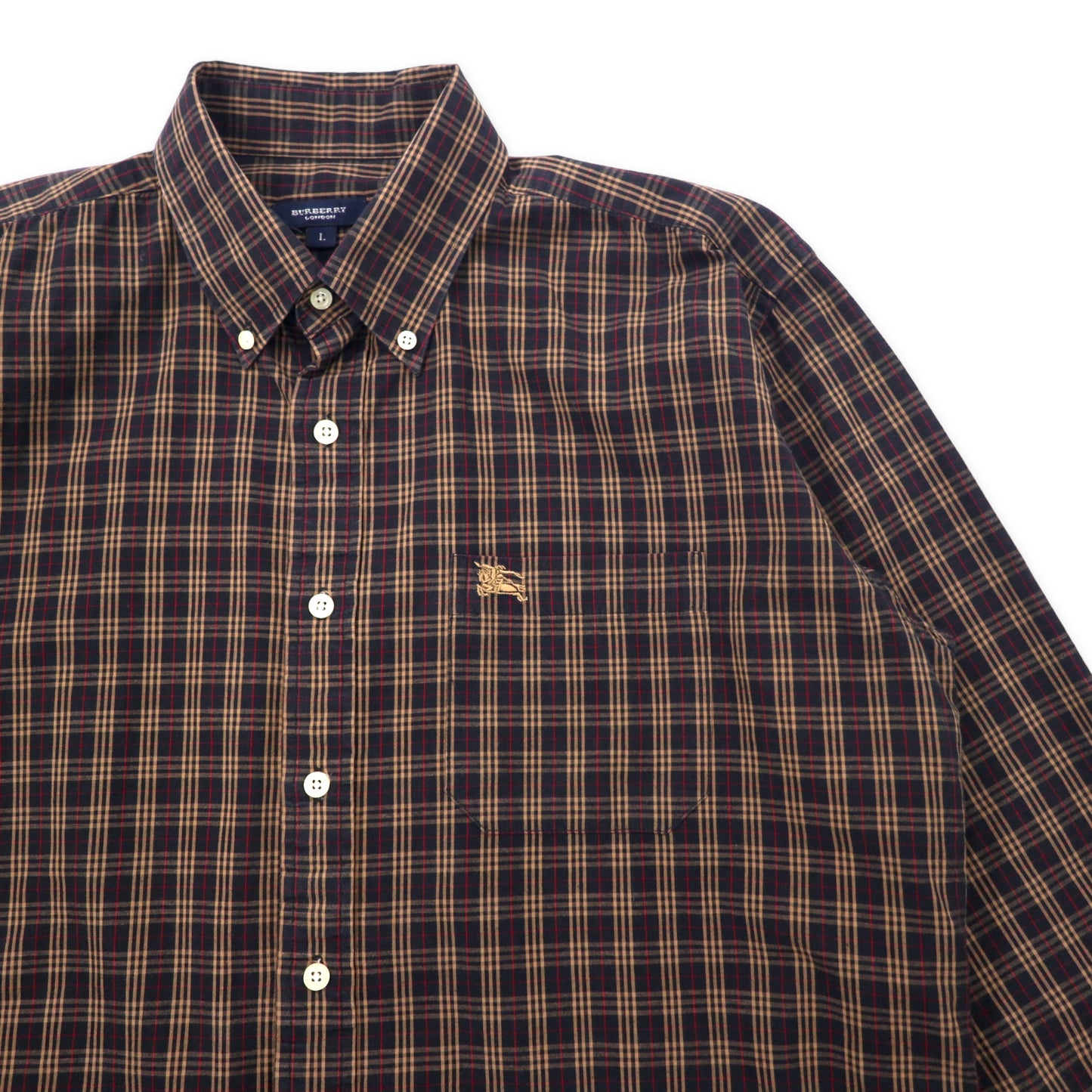 BURBERRY CHECKED BUTTON-DOWN SHIRTS L Navy KhaKI Cotton One Point