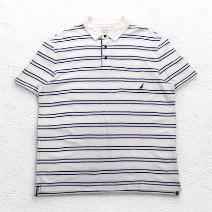 NAUTICA ボーダー ポロシャツ 3XL ホワイト ネイビー 鹿の子 ビッグサイズ ワンポイントロゴ刺繍