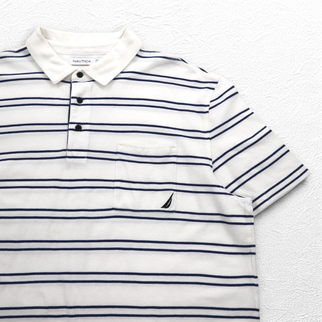 NAUTICA Striped Polo Shirt 3XL White Navy Pique Big Size One Point Logo Embroidery