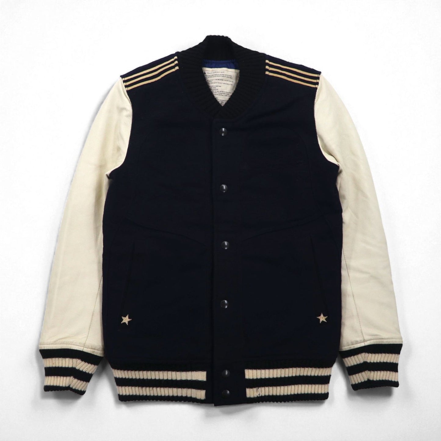 ink Remake Reconstructed Military Stadium Jacket, Size Small, Navy, US Navy, Leather Sleeves, Lamb Leather, Made in Japan