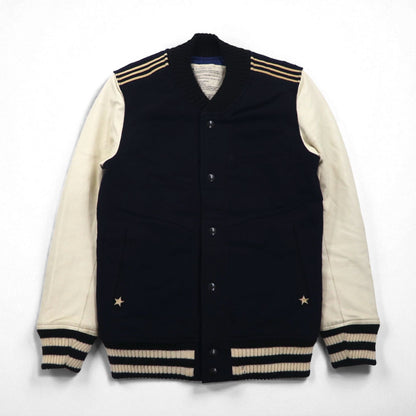 ink Remake Reconstructed Military Stadium Jacket, Size Small, Navy, US Navy, Leather Sleeves, Lamb Leather, Made in Japan