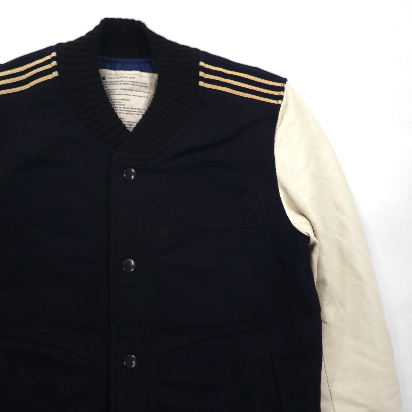 ink Remake Reconstructed Military Stadium Jacket, Size Small, Navy, US Navy, Leather Sleeves, Lamb Leather, Made in Japan