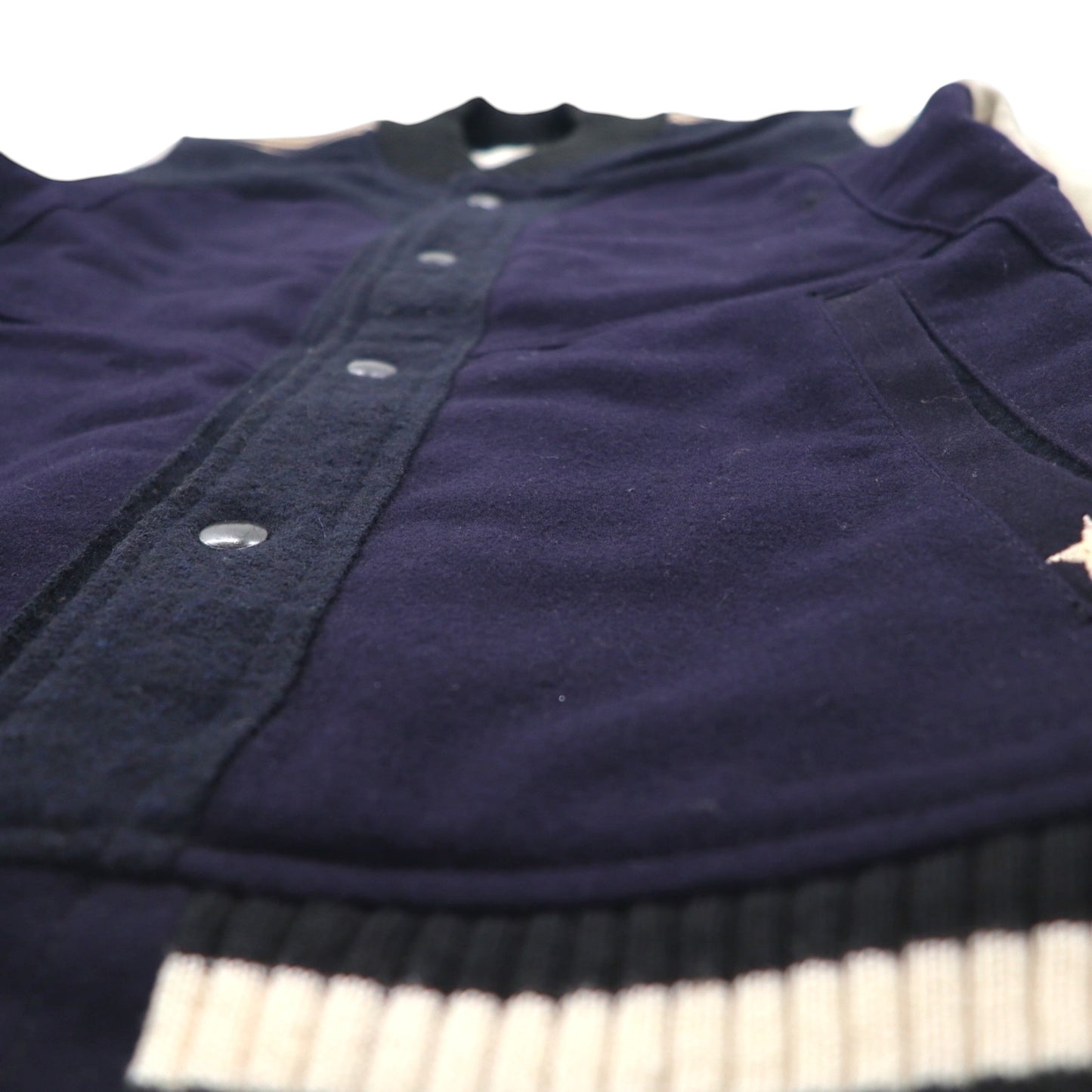 ink Remake Reconstructed Military Stadium Jacket, Size Small, Navy, US Navy, Leather Sleeves, Lamb Leather, Made in Japan