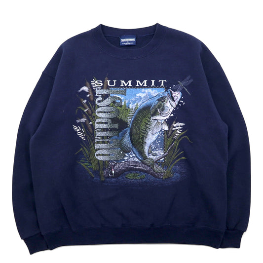 日本然リトテ-古着オンライン-USA製 90年代 VAN HEUSEN プリント スウェット L ネイビー コットン 魚 SUMMIT OUTPOST-USA Made 90's VAN HEUSEN Print Sweatshirt L Navy Cotton Fish SUMMIT OUTPOST