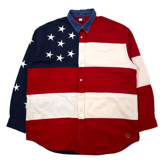 TOMMY JEANS 90年代 星条旗 デザインシャツ XL マルチカラー コットン 襟デニム切り替え ビッグサイズ