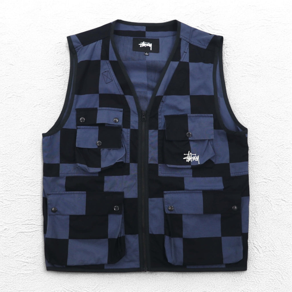 stussy utility vest L black blue checkered flag cotton