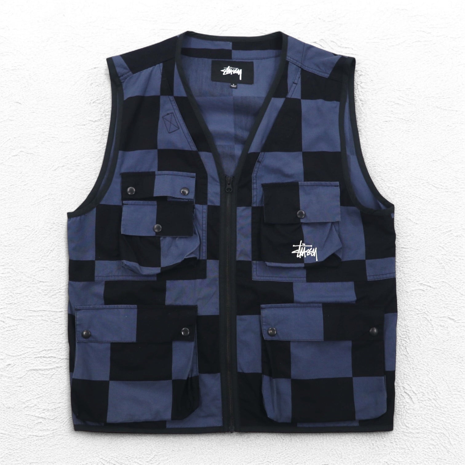 stussy utility vest L black blue checkered flag cotton