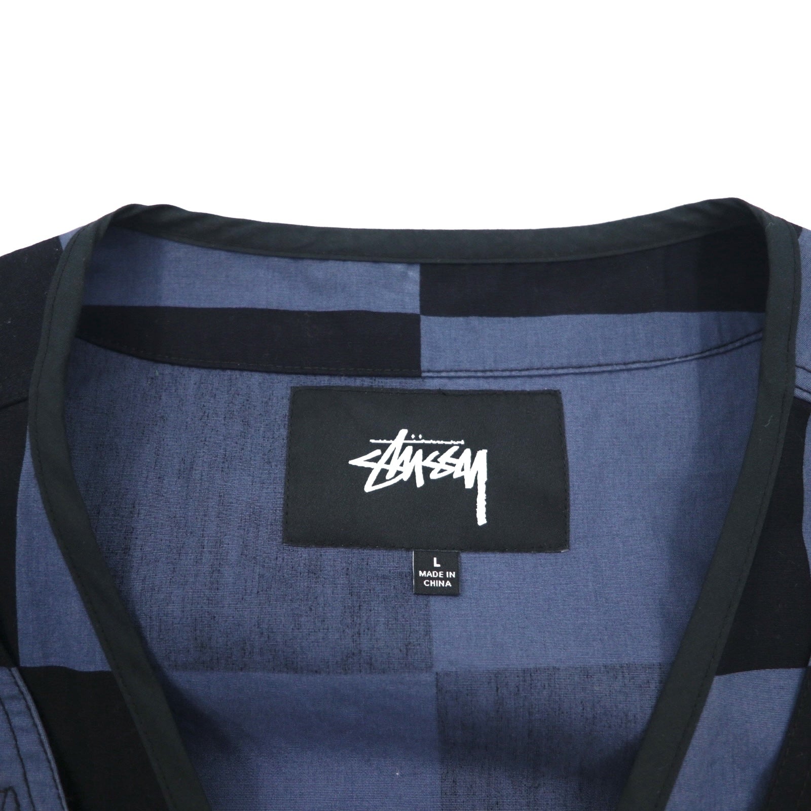 stussy utility vest L black blue checkered flag cotton