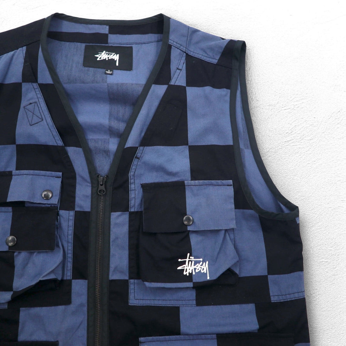stussy ユーティリティベスト L ブラック ブルー チェック チェッカーフラッグ コットン