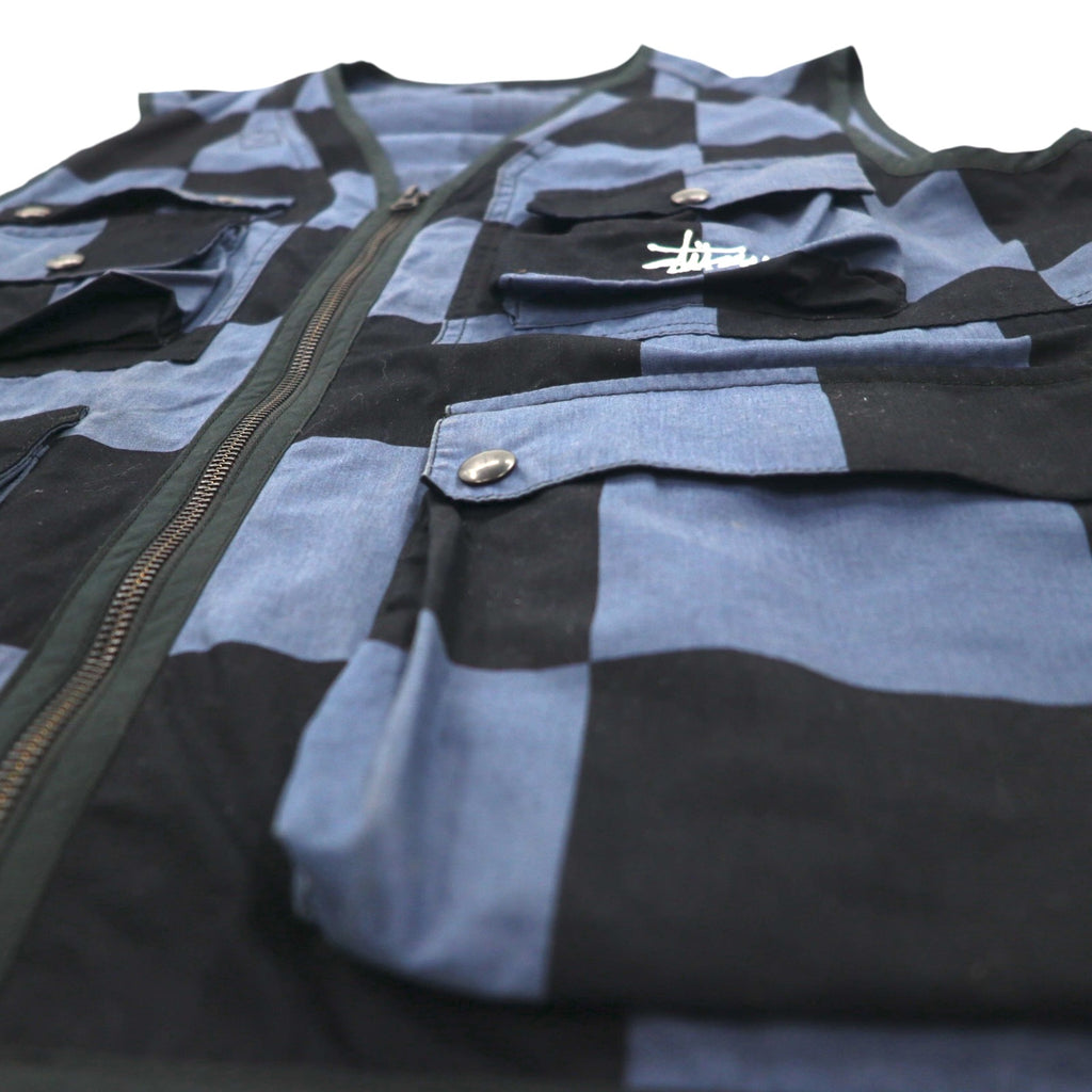 stussy utility vest L black blue checkered flag cotton