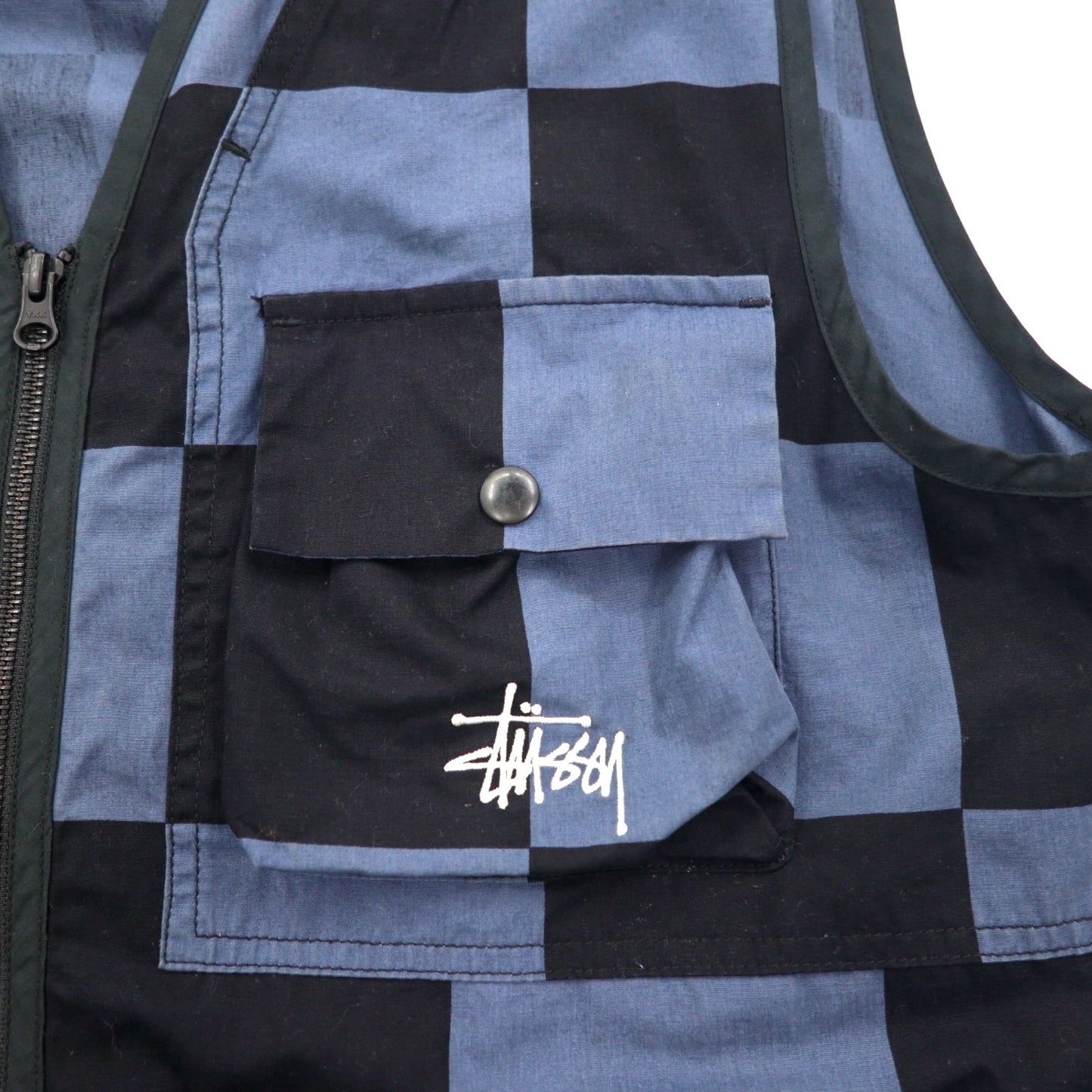 stussy ユーティリティベスト L ブラック ブルー チェック チェッカーフラッグ コットン