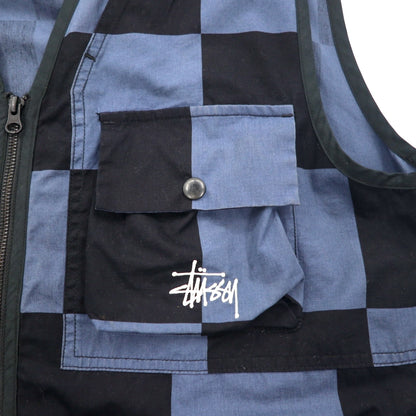 stussy ユーティリティベスト L ブラック ブルー チェック チェッカーフラッグ コットン