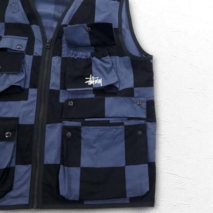 stussy ユーティリティベスト L ブラック ブルー チェック チェッカーフラッグ コットン