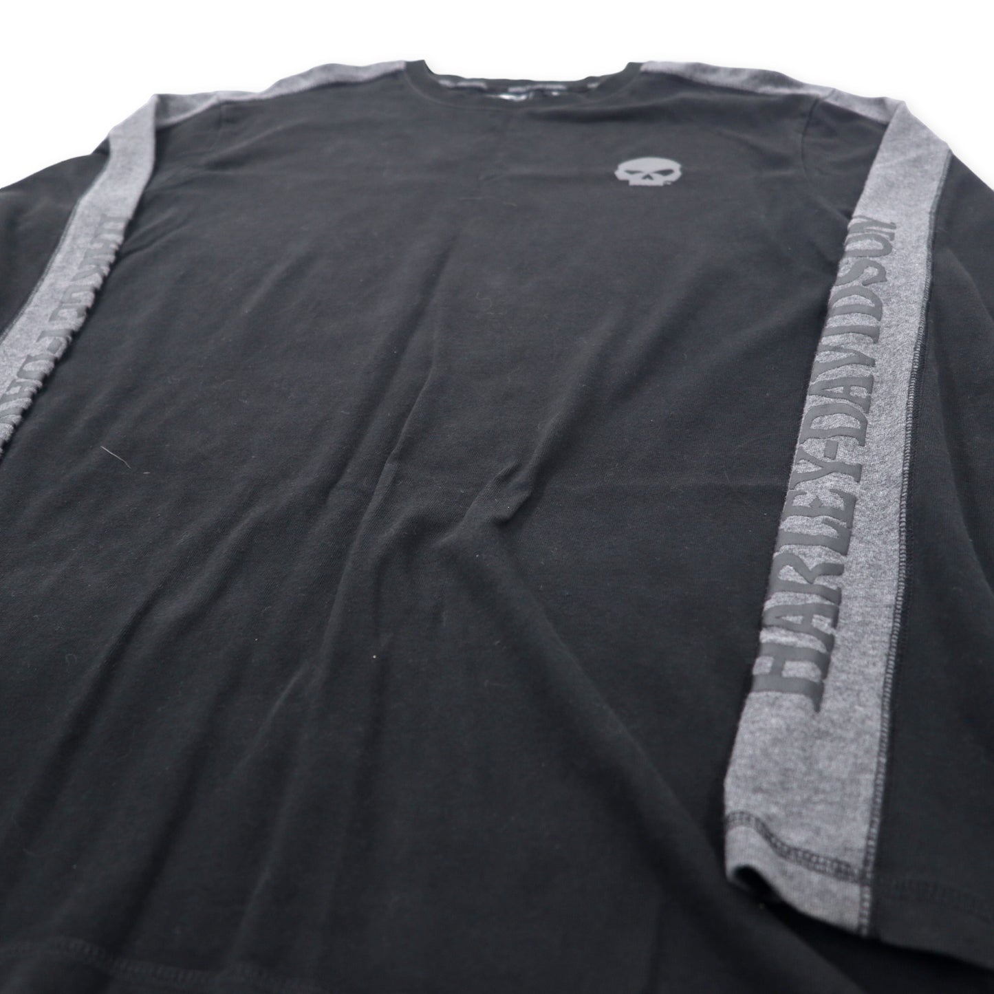 HARLEY DAVIDSON ロングスリーブTシャツ XL ブラック コットン バックロゴプリント 袖ロゴ サイドライン スカル ビッグサイズ