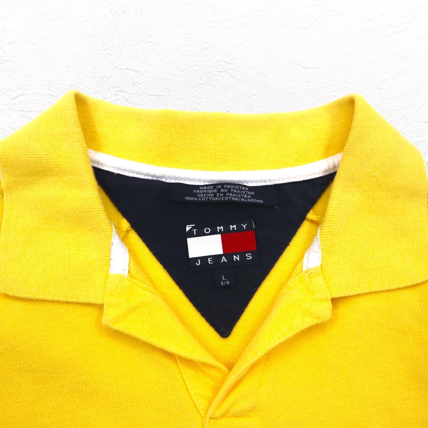 TOMMY JEANS 90年代 オープンカラー ポロシャツ L イエロー ワンポイントロゴ刺繍 パキスタン製