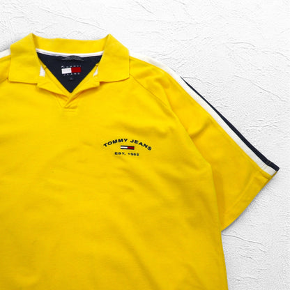 TOMMY JEANS 90年代 オープンカラー ポロシャツ L イエロー ワンポイントロゴ刺繍 パキスタン製