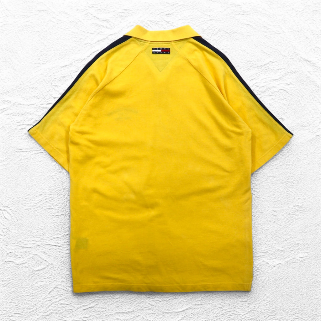 TOMMY JEANS 90s Open Collar Polo Shirt L Yellow One Point Logo Embroidery Made in Pakistan