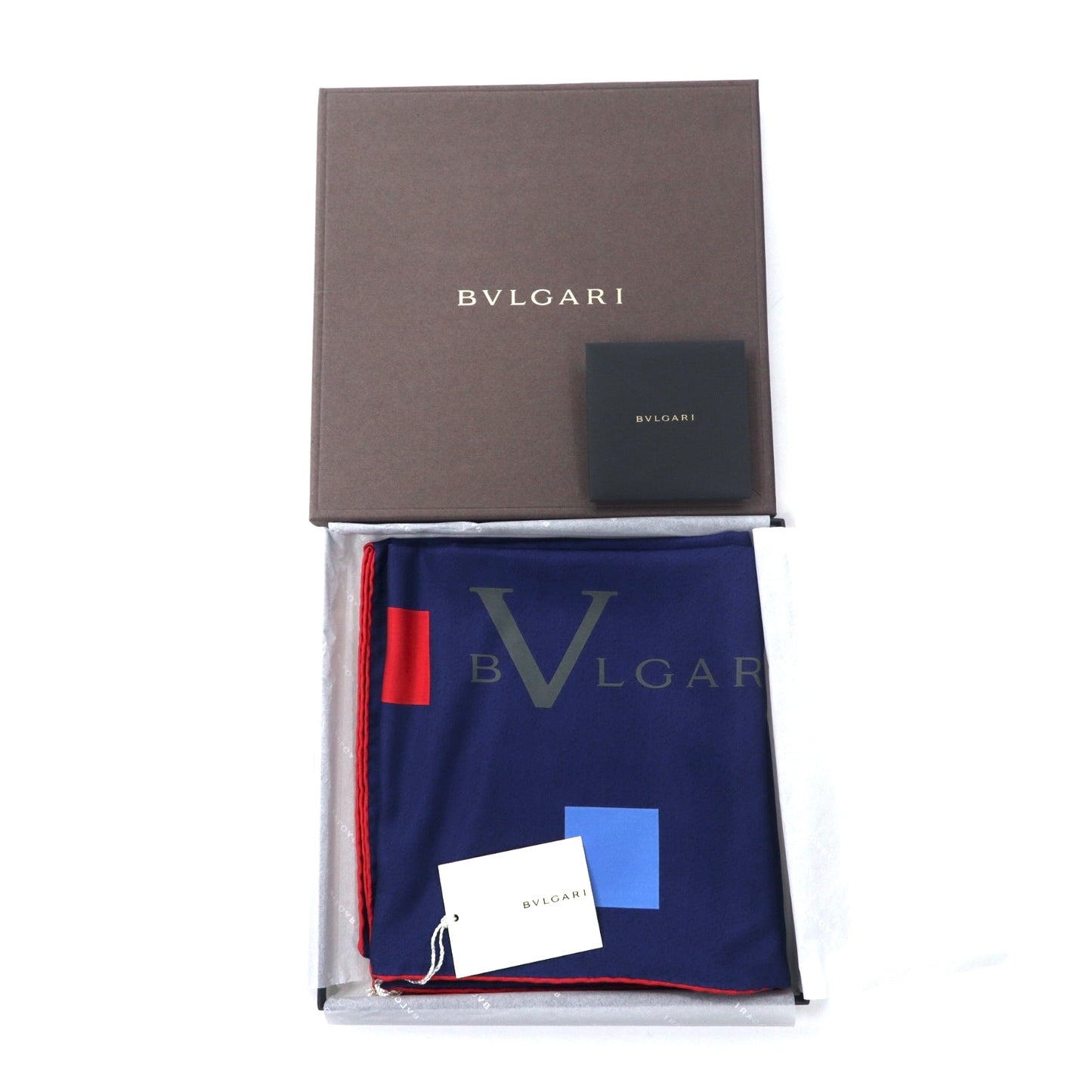 BVLGARI イタリア製 ロゴモチーフ スカーフ ネイビー シルク 未使用品