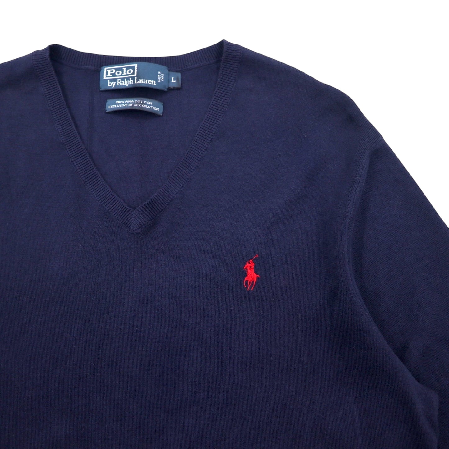 Polo by Ralph Lauren 90年代 Vネック ピマコットン ニット セーター L ネイビー スモールポニー 刺繍