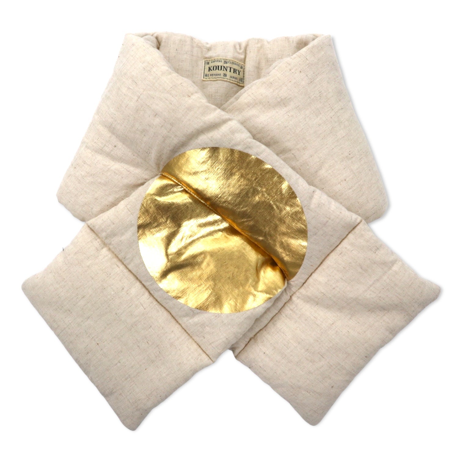 日本然リトテ-古着オンライン-KAPITAL KESA マフラー 日の丸 アイボリー ゴールド 麻 リネン 中綿 ダウン-KAPITAL KESA Scarf Hinomaru Ivory Gold Hemp Linen Filling Puffer