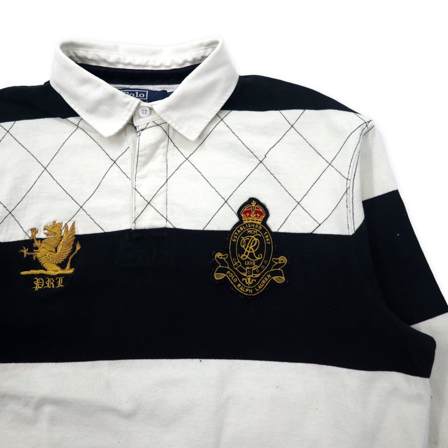 Polo by Ralph Lauren ボーダー ラガーシャツ XL ホワイト ブラック コットン CUSTOM FIT ロゴ刺繍 ナンバリング ビッグサイズ スリランカ製