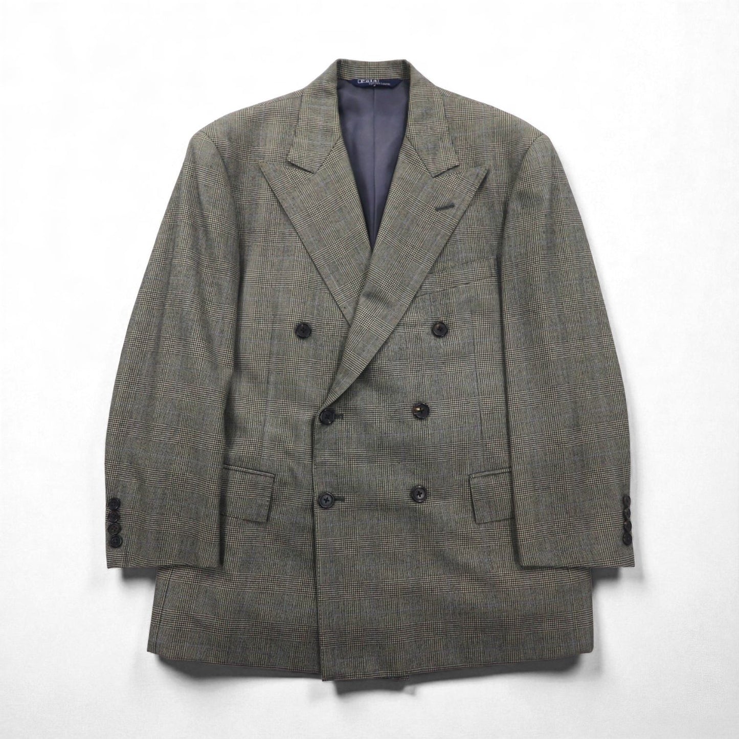 Polo Ralph Lauren 1990s Made in Japan Peak Lapel Double Breasted Tailored Jacket, Size M, Gray Wool Glen Plaid