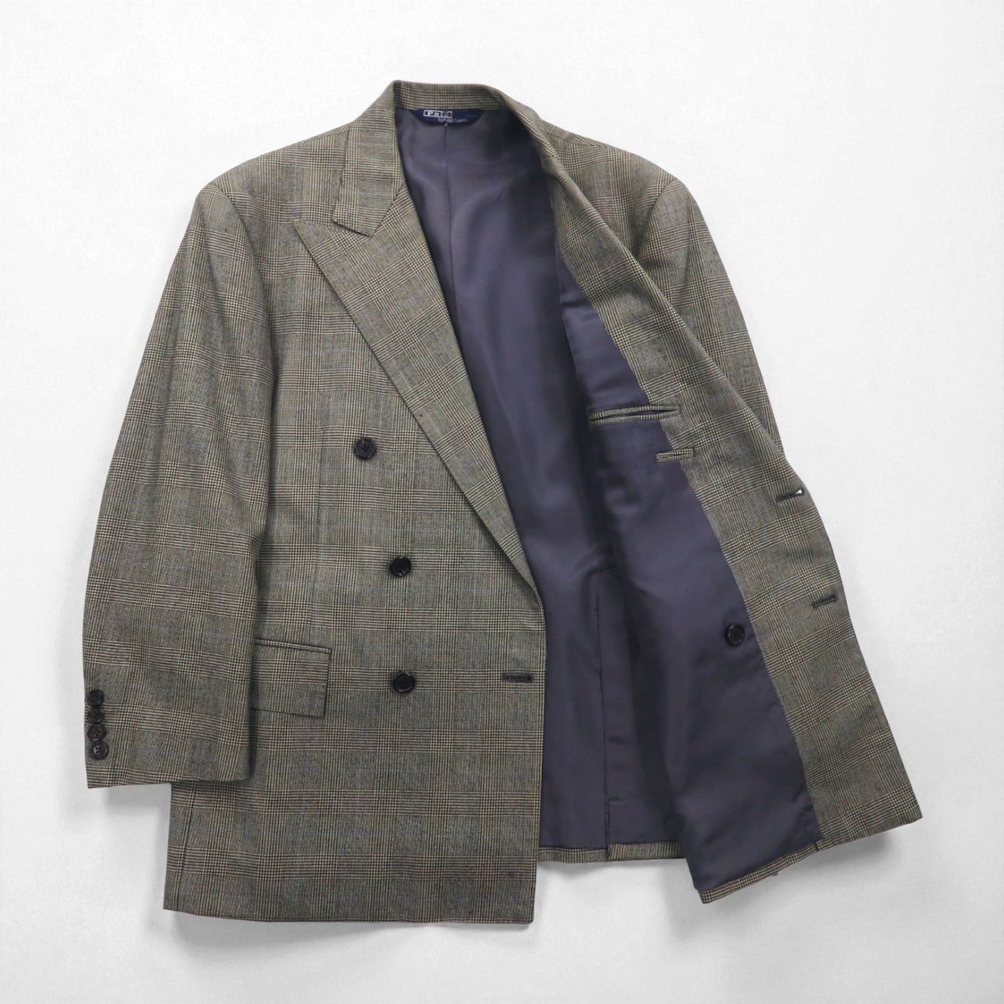 Polo Ralph Lauren 1990s Made in Japan Peak Lapel Double Breasted Tailored Jacket, Size M, Gray Wool Glen Plaid