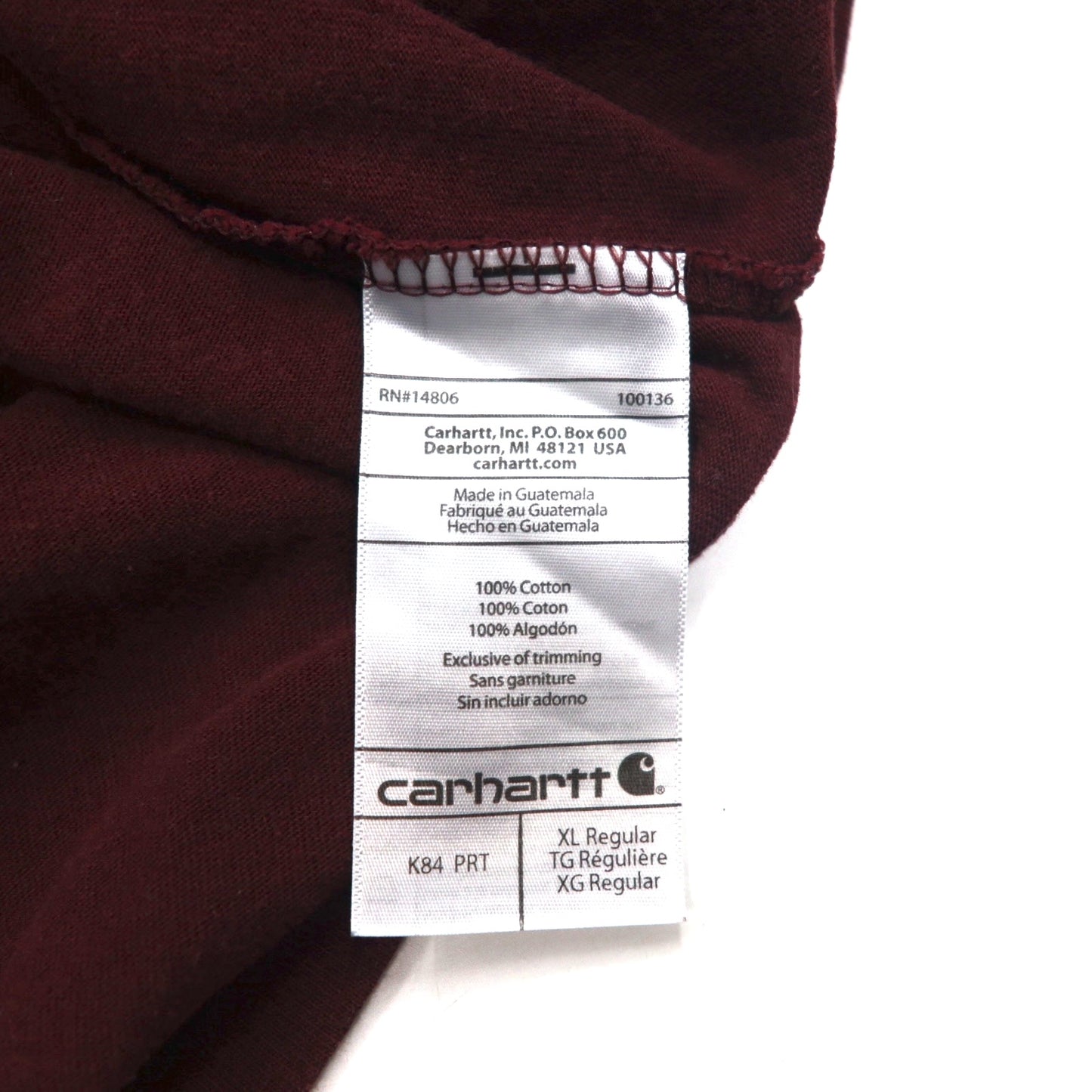 carhartt ヘンリーネック ポケット Tシャツ ポケT XL ボルドー コットン ORIGINAL FIT グアテマラ製