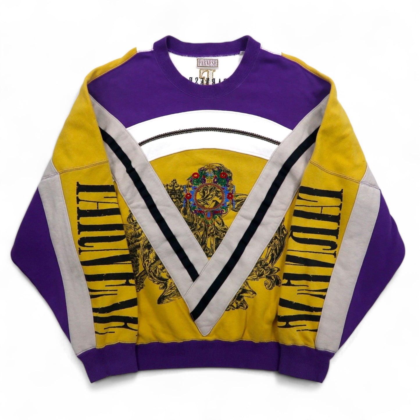 Vintage 90s Japan Made sweatshirt FARNESE スウェット XL パープル イエロー クレイジーパターン ライカ
