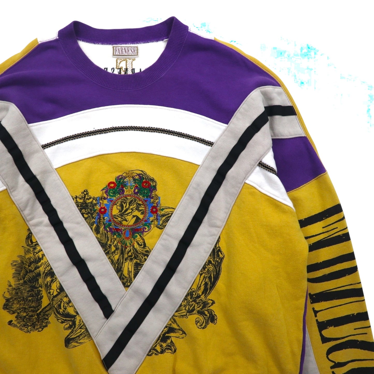 Vintage 90s Japan Made sweatshirt FARNESE スウェット XL パープル イエロー クレイジーパターン ライカ