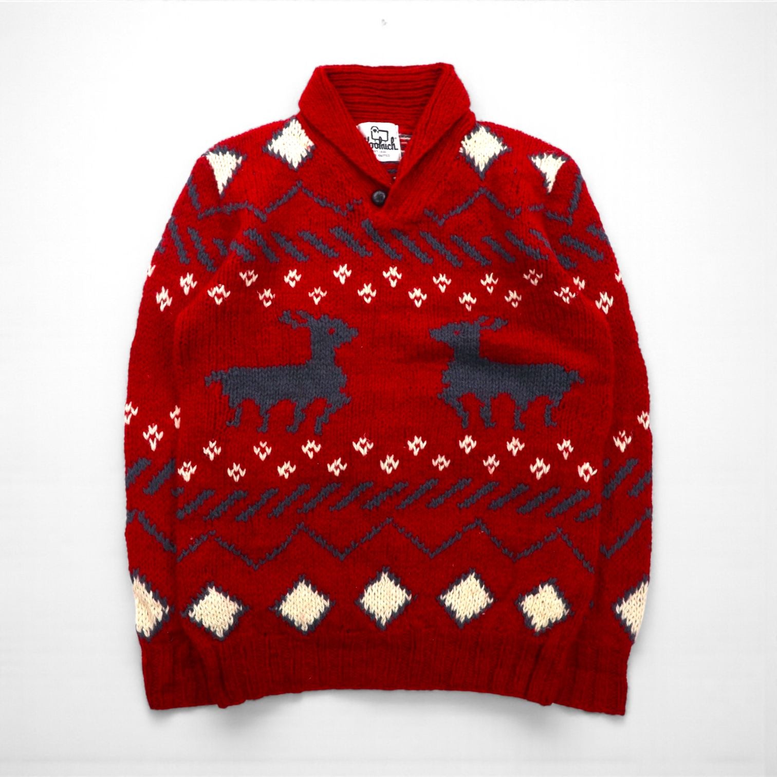 Woolrich 70年代 白タグ ショールカラー カウチン ニット セーター L レッド ノルディック柄 ウール