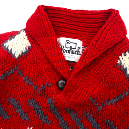 Woolrich 1970s White Tag Shawl Collar Cowichan Knit Sweater, Size L, Red, Nordic Pattern, Wool